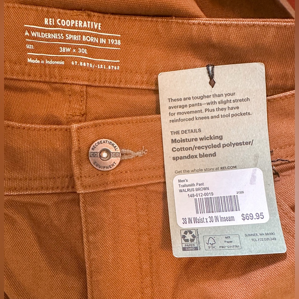 REI Men's Trailsmith Pant in Walrus Brown 38x30 NWT - Picture 7 of 12